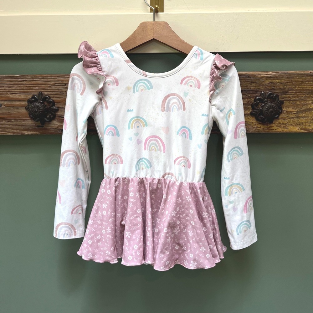 Cheeky Plum Girls 6Y Rainbow Floral Long Sleeve Ruffle Leotard Dress